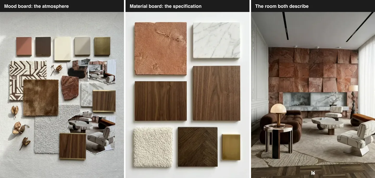 Three panel comparison for a terracotta living room: an overlapping atmospheric mood board with fabric swatches and tear sheets, a clean aligned material board of large terracotta stone, marble, walnut, boucle and parquet specimens, and the finished room with a terracotta stone feature wall