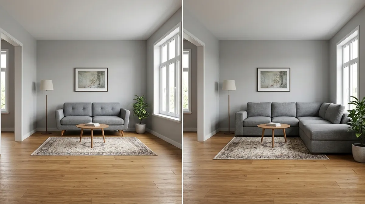 The same living room side by side: on the left a correctly sized two-seat sofa with clear walking space, on the right an oversized sectional crammed in and blocking the walkway