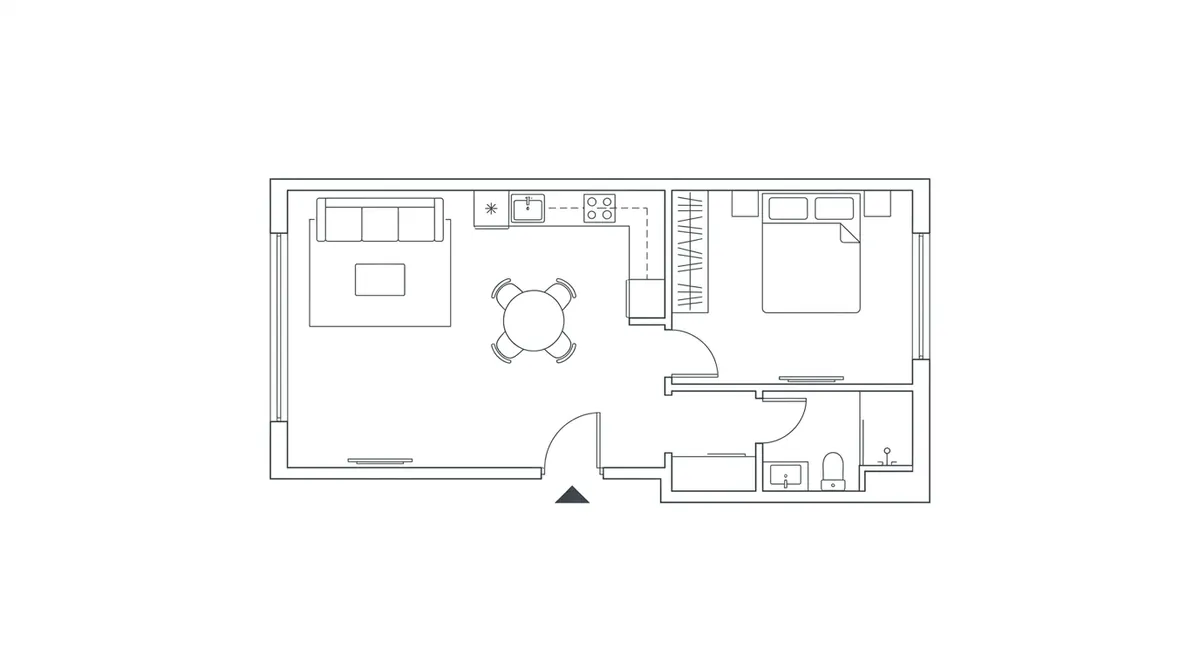A clean 2D architectural floor plan of a one-bedroom apartment with furniture outlines, the kind of plan that already carries true scale for an accurate room design