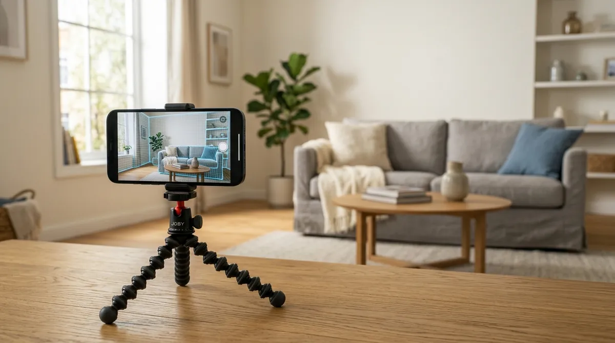 A smartphone on a tripod scanning a living room, its screen showing the room overlaid with a blue 3D LiDAR depth-scan wireframe mesh capturing the walls, floor and sofa