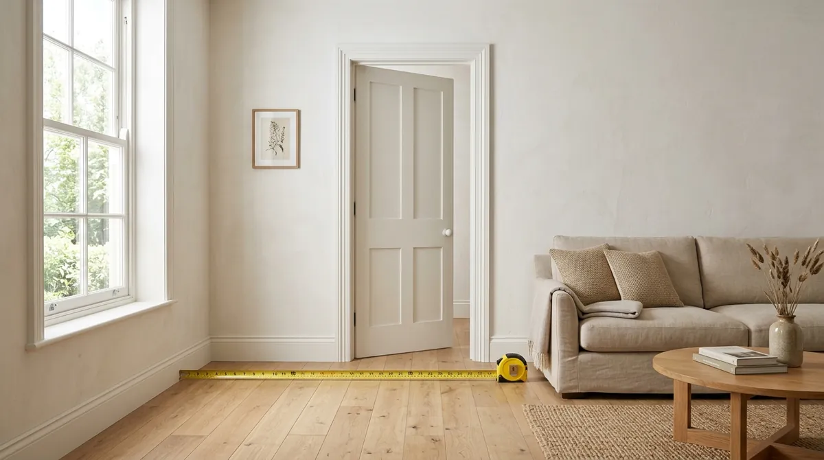 A living room photo with an open standard interior door clearly visible against the wall, used as a known-size reference to scale the rest of the room