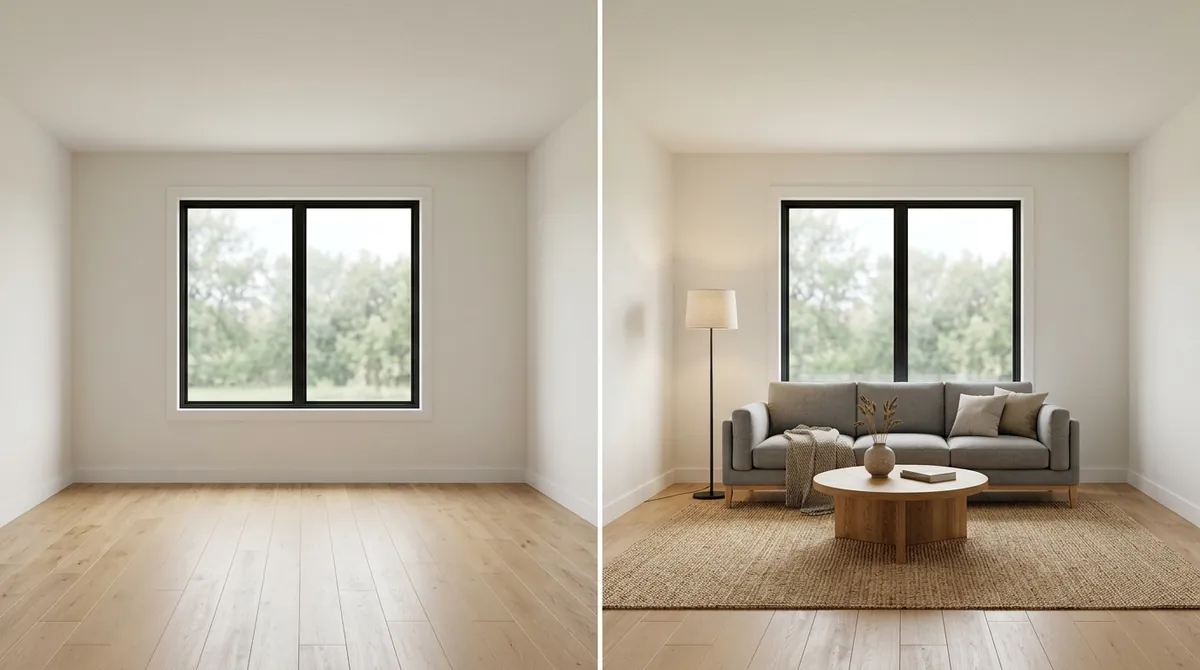A before and after of the same room: on the left the empty space with its window, on the right the same room designed by MeltFlex with a grey sofa that fits against the back wall with clear walking space around it