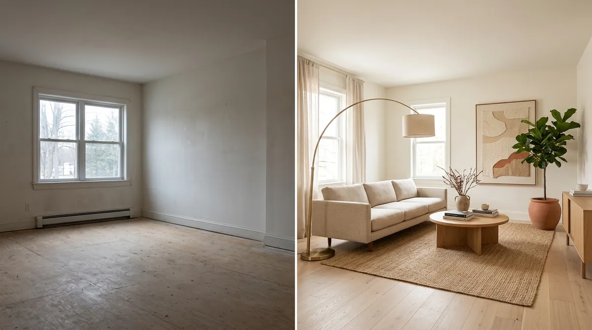 Before and after of the same room generated through MeltFlex MCP: on the left a plain, undesigned empty room; on the right the identical room with the same window, redesigned in a warm minimalist style with a linen sofa, oak floor and rug