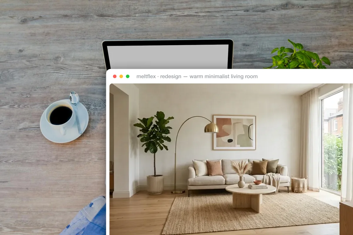 A laptop, coffee and plant on a wooden desk, with a MeltFlex result window floating over it showing a photorealistic warm-minimalist living room redesign — the redesign arriving in the same place you already work