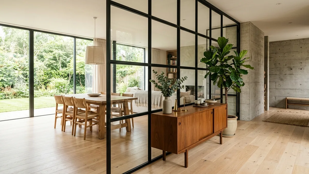 Slim black steel Crittall-style glass partition dividing an open-plan home, letting daylight travel through onto a warm oak floor past a walnut console and a large plant