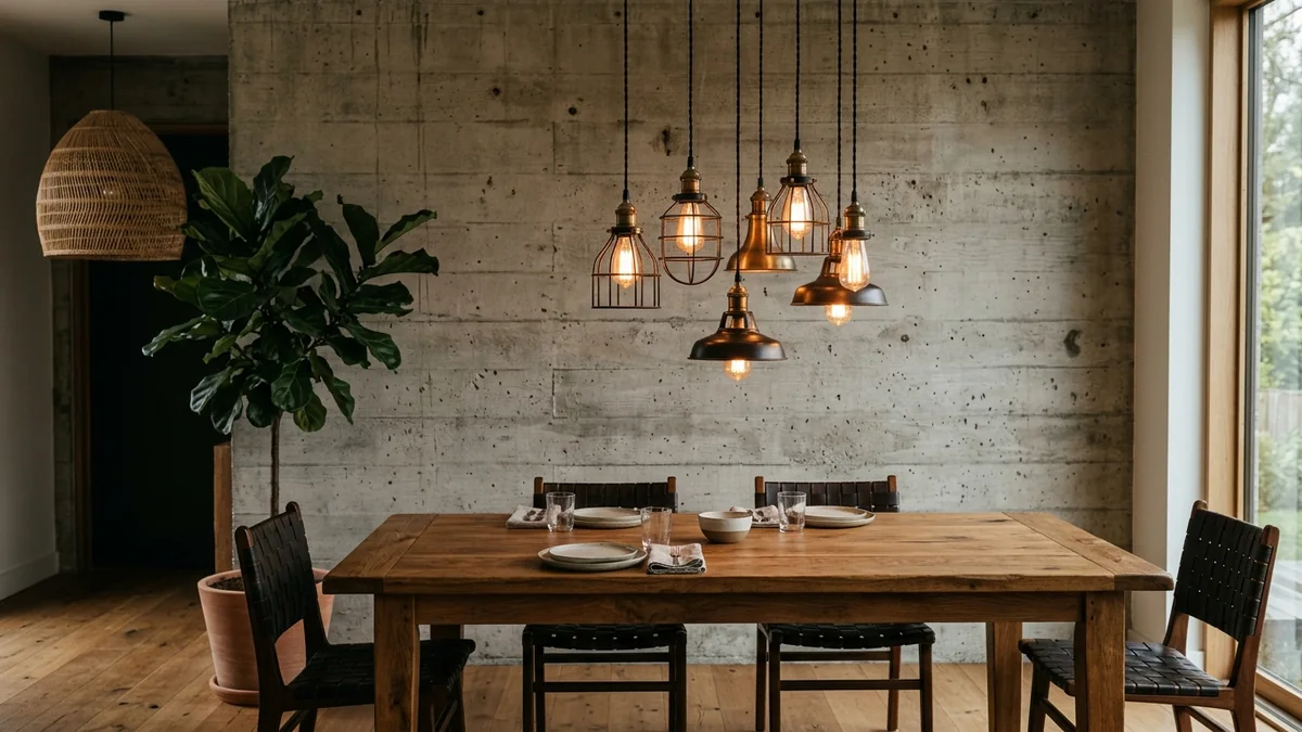 A cluster of blackened steel, brass and copper industrial pendant lights glowing warmly over an oak dining table against a board-formed concrete wall