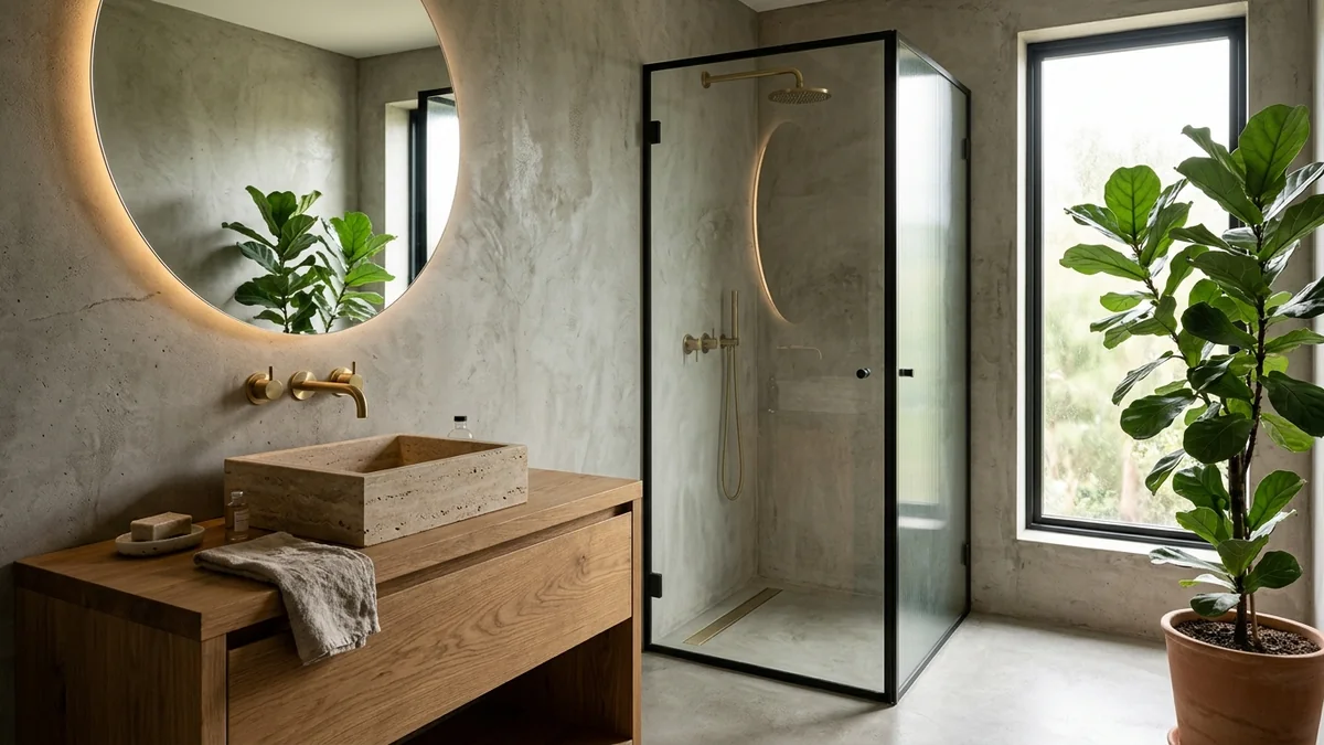 Warm concrete and metal bathroom with microcement walls, a blackened steel shower screen, a travertine basin on an oak vanity, brass taps and a plant