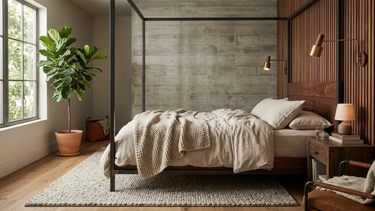 Warm industrial bedroom with a blackened steel four-poster bed, a walnut slat headboard wall, board-formed concrete, linen bedding, a brass wall light and a large plant