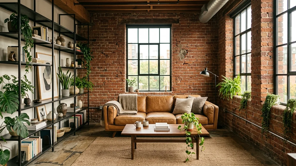 Warm industrial loft with an exposed red brick wall, blackened steel shelving and slim steel window frames, a tan leather sofa, a walnut table, a jute rug and greenery