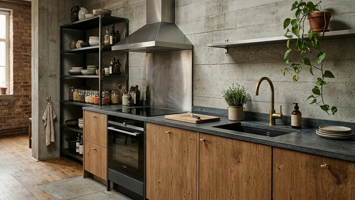 Warm industrial kitchen with blackened steel and stainless open shelving and range hood, warm oak cabinets, a stone worktop, brass tap and greenery