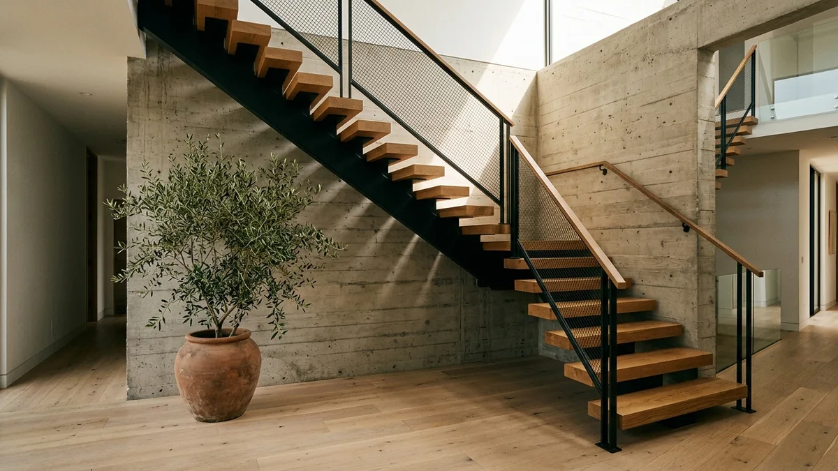 Warm industrial staircase with a blackened steel stringer and mesh railing, solid oak treads, floating against a board-formed concrete wall with an olive tree beneath