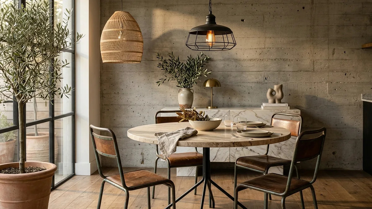 Warm dining corner with a round travertine table on a blackened steel base, a marble sideboard, a black pendant light and an olive tree against a concrete wall