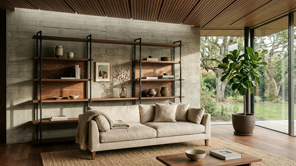 Warm living room with a blackened steel and walnut shelving unit against a board-formed concrete wall, walnut slat ceiling, linen sofa and a large plant