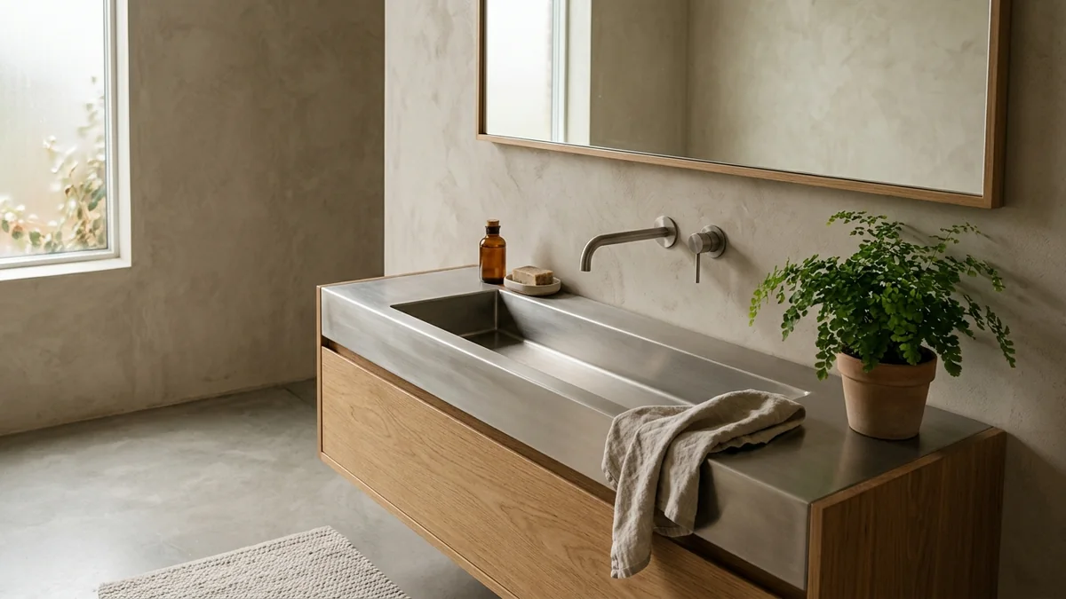 A serene minimalist bathroom with a seamless brushed stainless steel trough basin and integrated shelf on a warm oak vanity, a slim steel wall tap, warm microcement walls and soft daylight