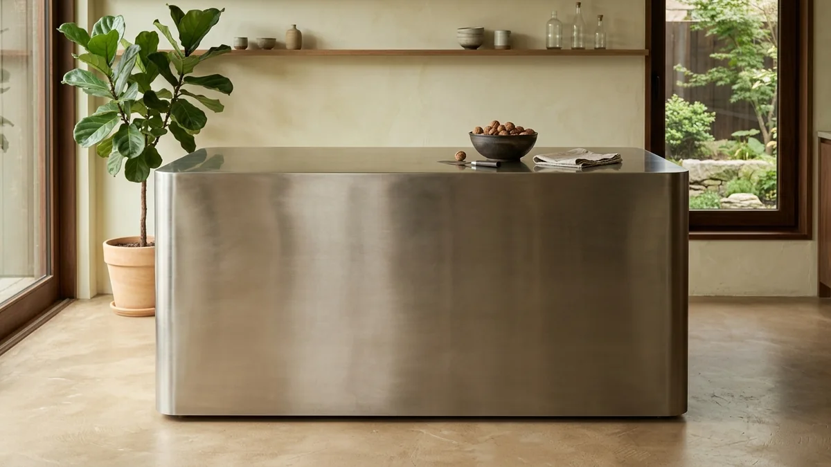 A sculptural monolithic brushed stainless steel kitchen island with soft rounded edges in a calm minimalist space with warm microcement floors and a stone bowl on top