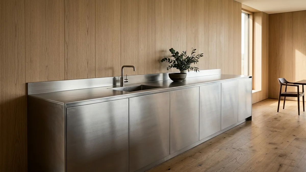 A minimalist brushed stainless steel kitchen with a seamless handleless run of cabinetry and an integrated sink, a warm pale-oak wall and floor, and soft warm daylight giving the steel a satin glow