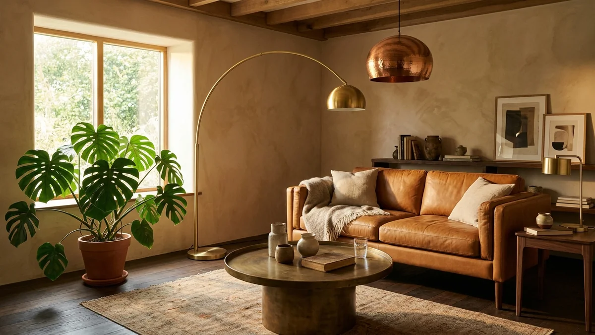 Warm living room styled with warm metals: a brushed-brass arc floor lamp, an aged-bronze coffee table, a copper pendant, a caramel leather sofa and a large plant