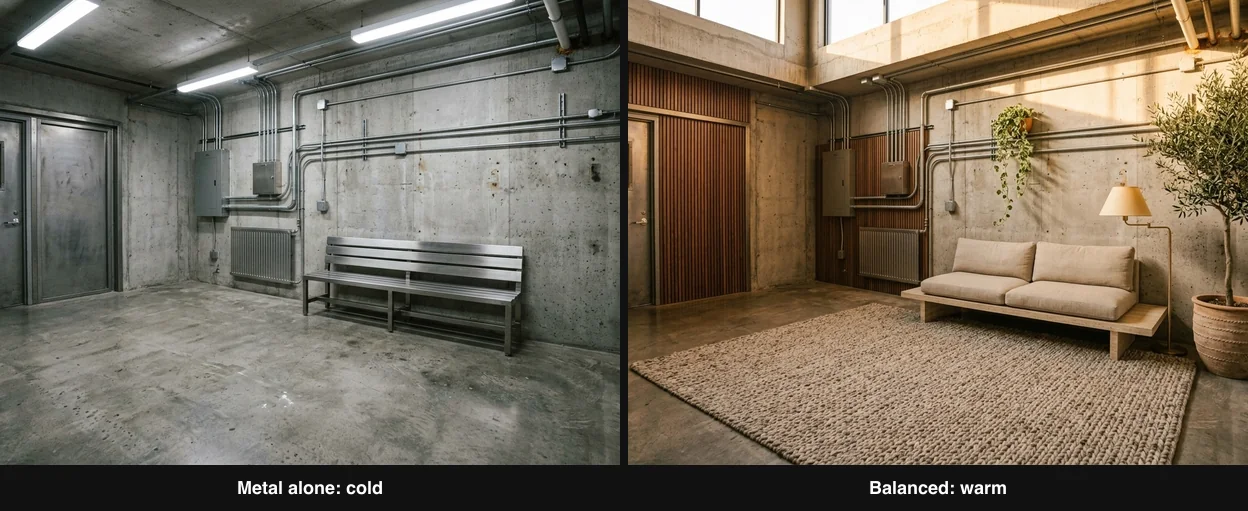 Side by side of the same concrete and metal room: on the left cold and sterile with only steel and concrete, on the right the same shell warmed with wood, stone, greenery and warm light