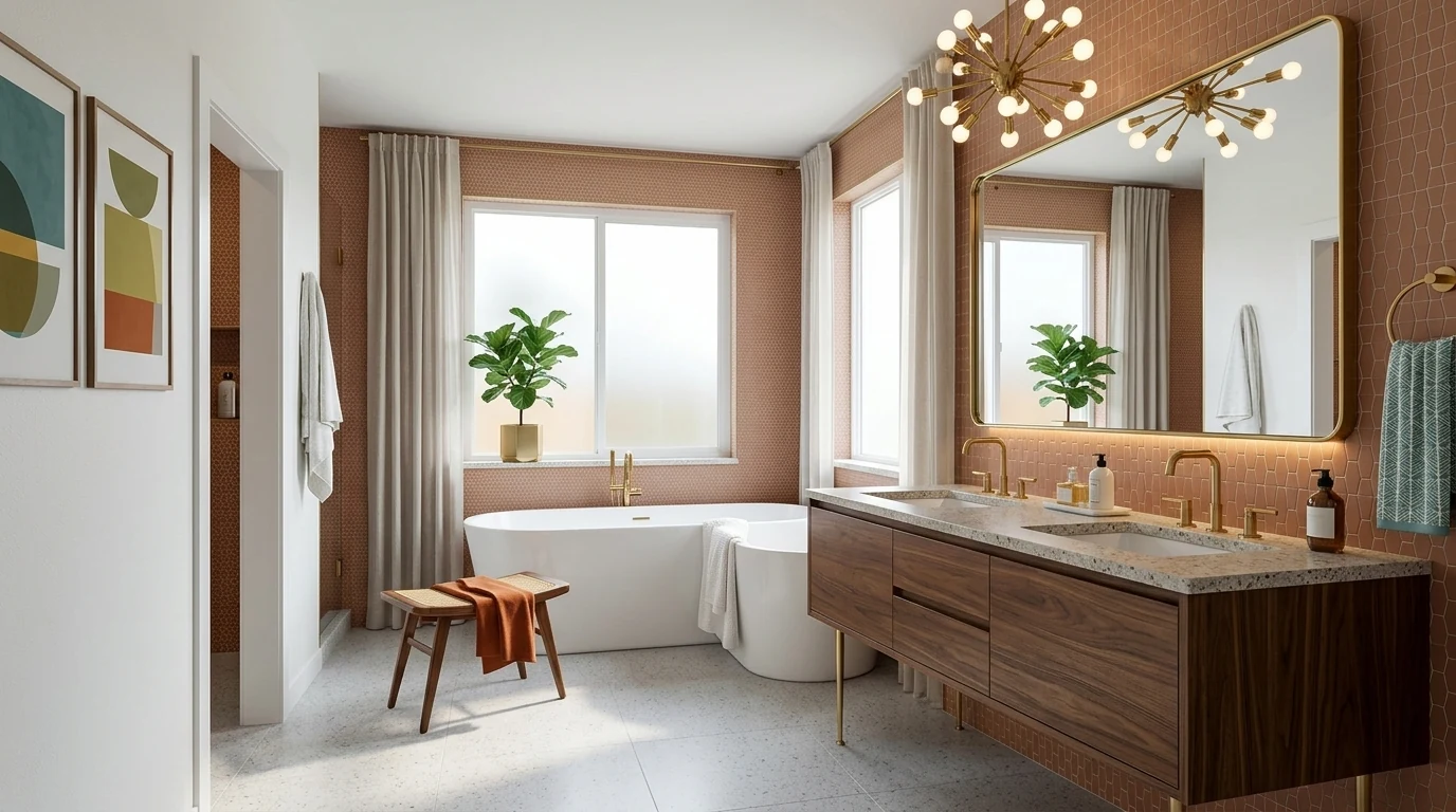 A mid-century modern bathroom with a floating walnut vanity on slim legs, brass fixtures, a sputnik light fixture, a brass-framed mirror, terracotta tile and a freestanding tub