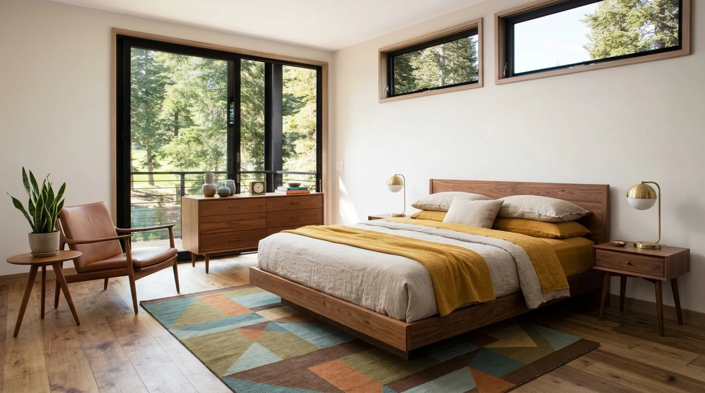 A mid-century modern bedroom with a low walnut platform bed, mustard and neutral bedding, floating walnut nightstands, brass globe lamps and floor-to-ceiling windows onto a forest