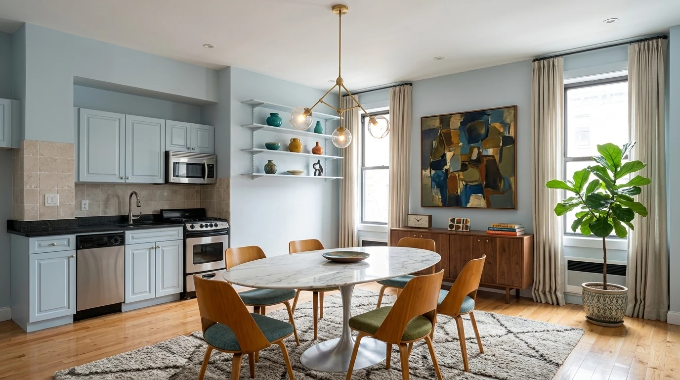 A mid-century modern dining area with an oval tulip-style table, molded walnut and shell dining chairs, a sculptural pendant light, a low credenza and abstract art