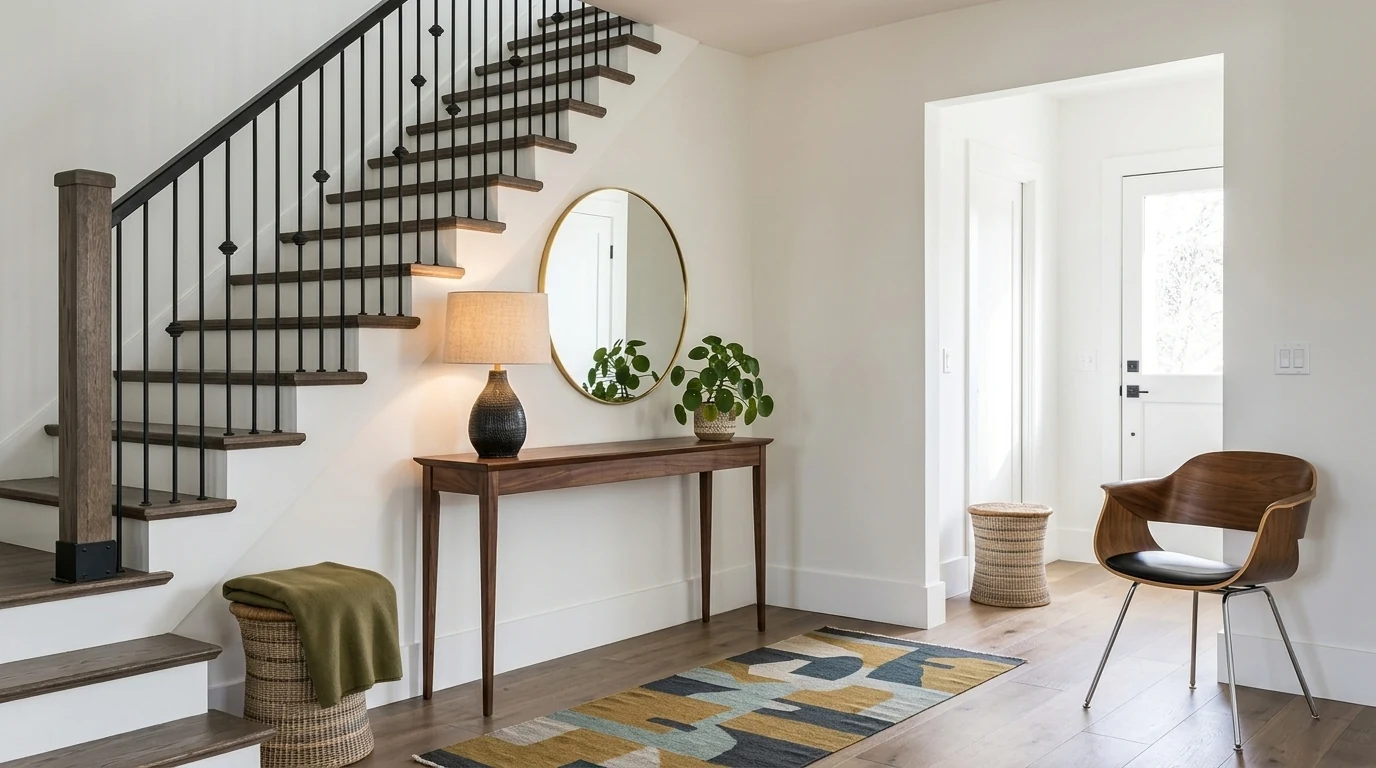 A mid-century modern entryway with a slim walnut console table on tapered legs, a round brass-framed mirror, a molded walnut accent chair, a geometric runner rug and a table lamp
