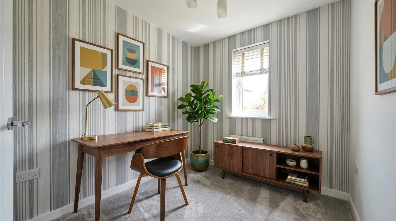 A mid-century modern home office with a walnut writing desk on tapered legs, a leather and wood desk chair, a low credenza, a brass task lamp, a geometric gallery wall and a plant