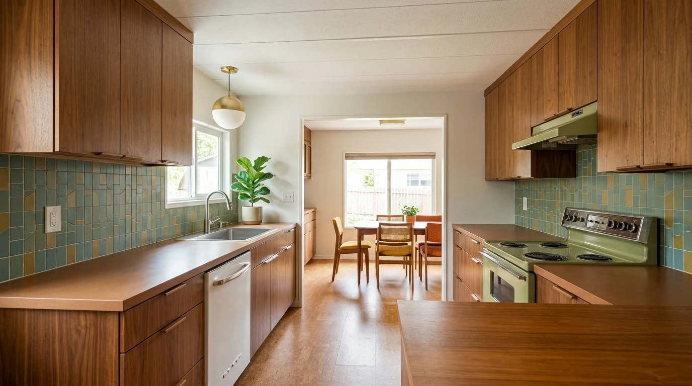 A mid-century modern kitchen with flat-front walnut cabinets, a teal tile backsplash, a globe pendant light, an avocado green retro range and clear countertops