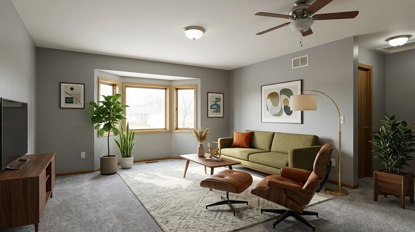 A mid-century modern living room with an olive green sofa on slim wood legs, a leather and walnut lounge chair with ottoman, an arc floor lamp, abstract art and layered plants in bright daylight