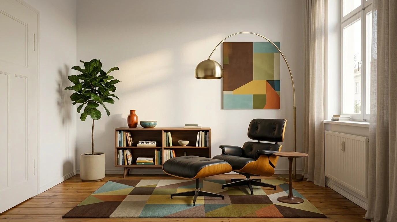 A mid-century modern lounge and reading corner with a molded plywood and leather lounge chair and ottoman, a low walnut bookshelf, an arc brass floor lamp, abstract art and a geometric rug