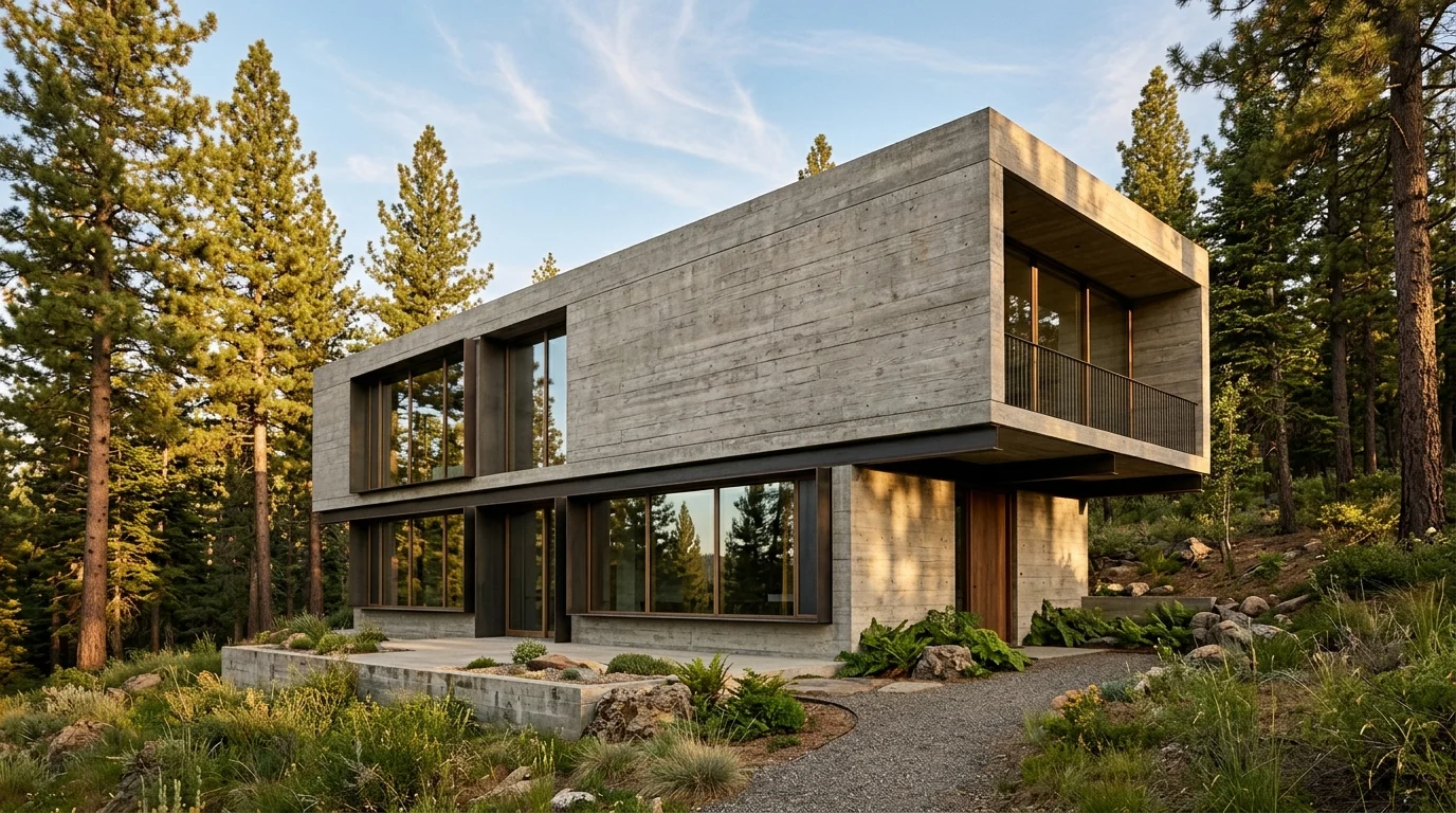 Photorealistic AI architecture render of a board-formed concrete house with bronze-framed glazing on a forest site at golden hour, generated from an architecture prompt