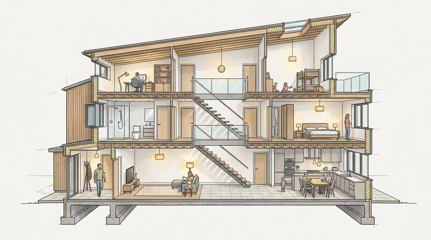 AI cutaway section perspective of a three-storey house sliced open to reveal interiors and structure, used as an architectural concept render