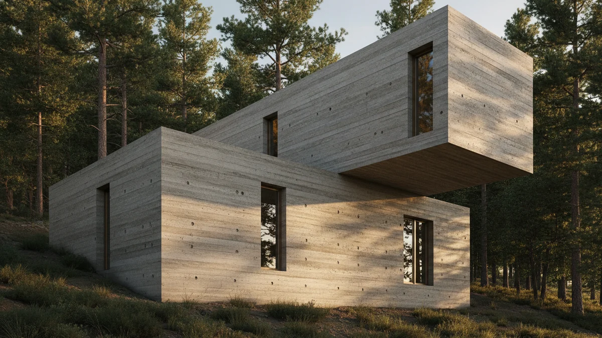 Photorealistic AI render of a board-formed concrete house with bronze-framed glazing and a cantilevered upper volume on a sloped forest site in raking golden hour light, the result of a structured architecture prompt, generated with the MeltFlex engine rather than Midjourney