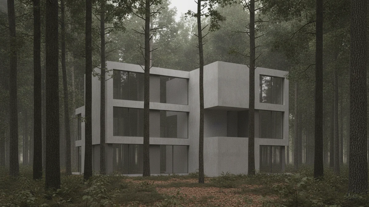 Generic AI render of a modern concrete house in a forest with flat lighting and vague materials, the result of a weak architecture prompt, generated with the MeltFlex engine rather than Midjourney