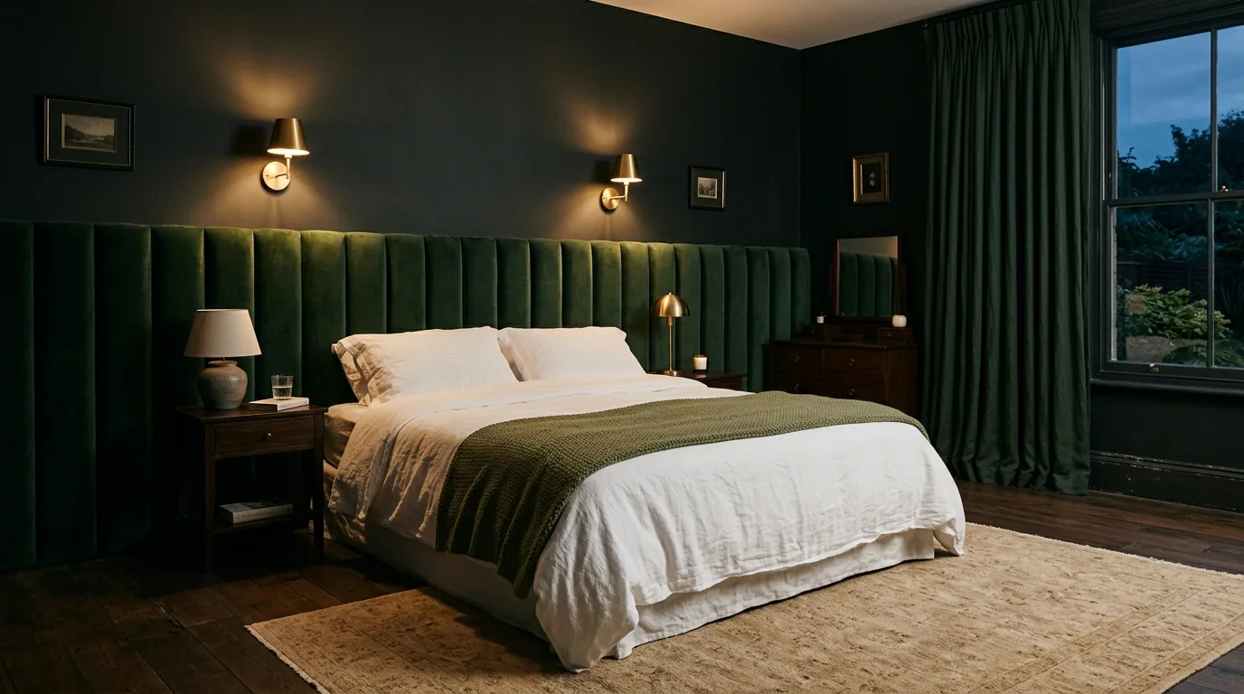 Luxury dark bedroom with a full width deep green velvet headboard, brass sconces and warm low evening lighting, the target look for prompt 14