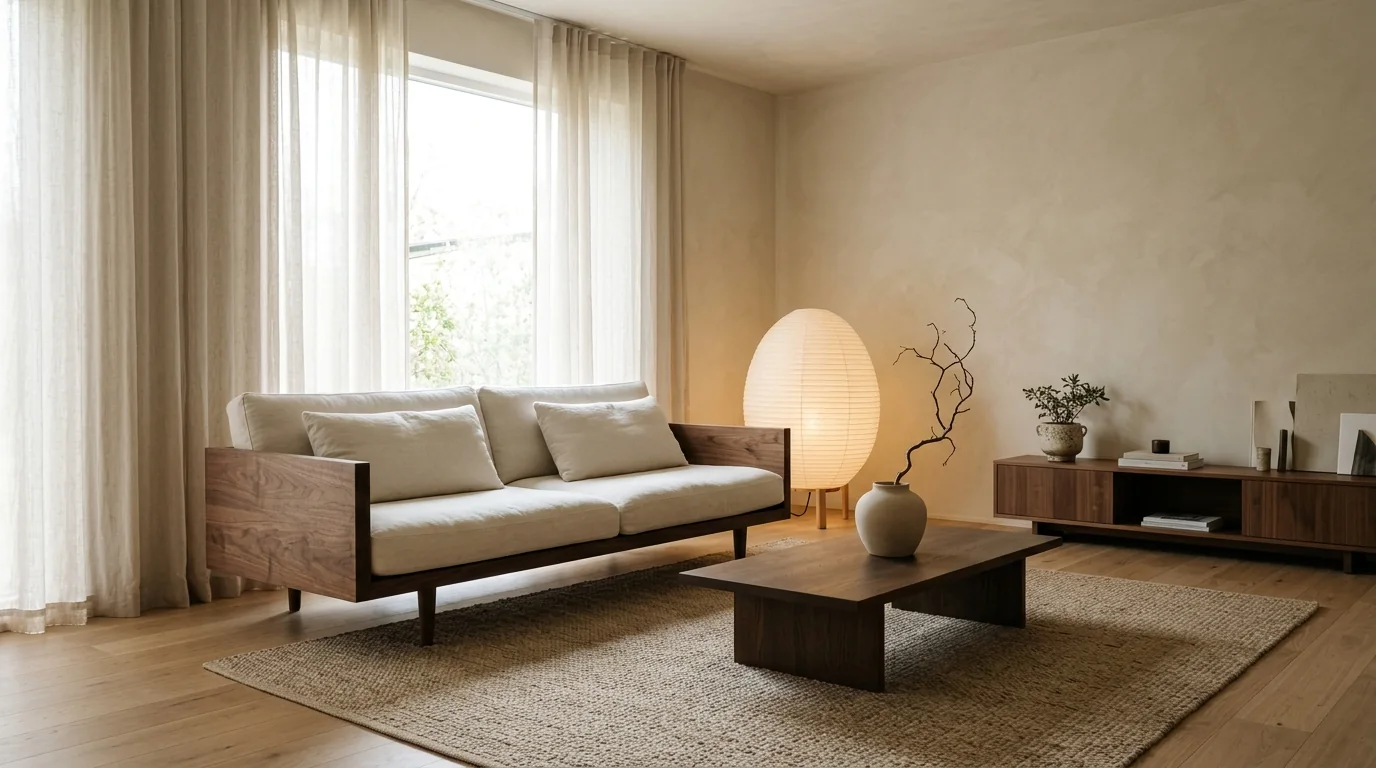 Japandi living room with a low walnut framed sofa, paper floor lantern and limewash walls in diffused daylight, the target look for prompt 3