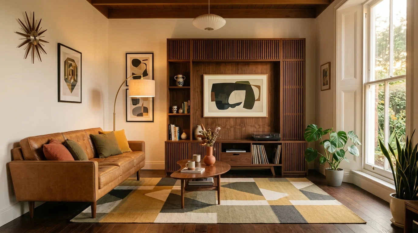 Mid-century modern living room with a walnut slatted media wall, tan leather sofa and brass arc lamp in golden hour light, the target look for prompt 2