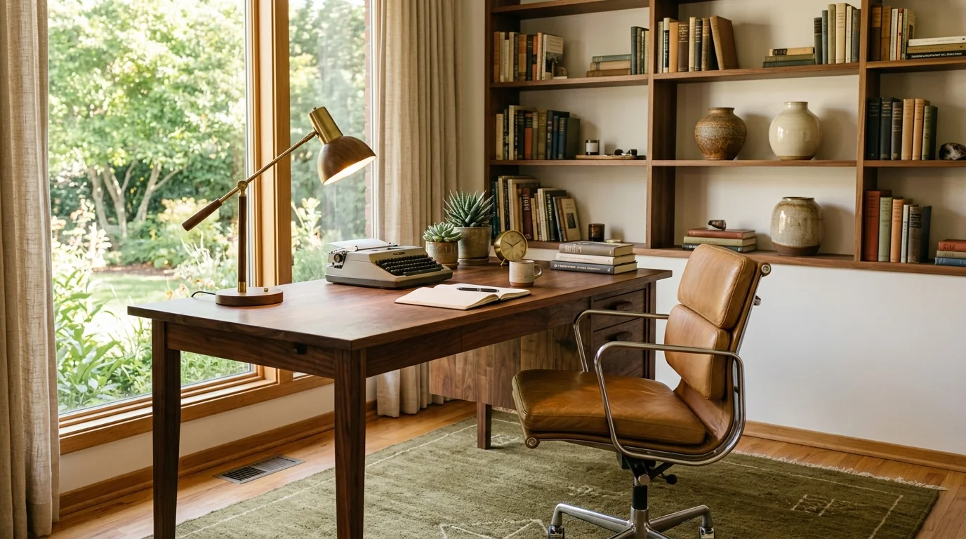 Warm mid-century home office with a walnut desk facing a window, tan leather chair, open shelving and a brass desk lamp, the target look for prompt 43
