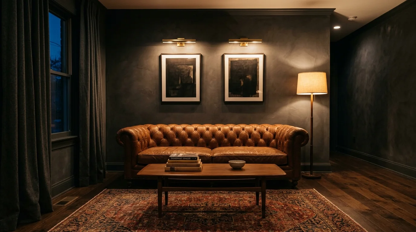 Dark moody living room with charcoal limewashed walls, a cognac leather chesterfield and brass picture lights in warm evening lamplight, the target look for prompt 6
