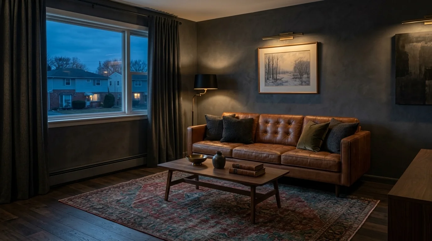 The same living room restyled in a dark and moody scheme with a cognac leather sofa and charcoal walls, still keeping the original room layout