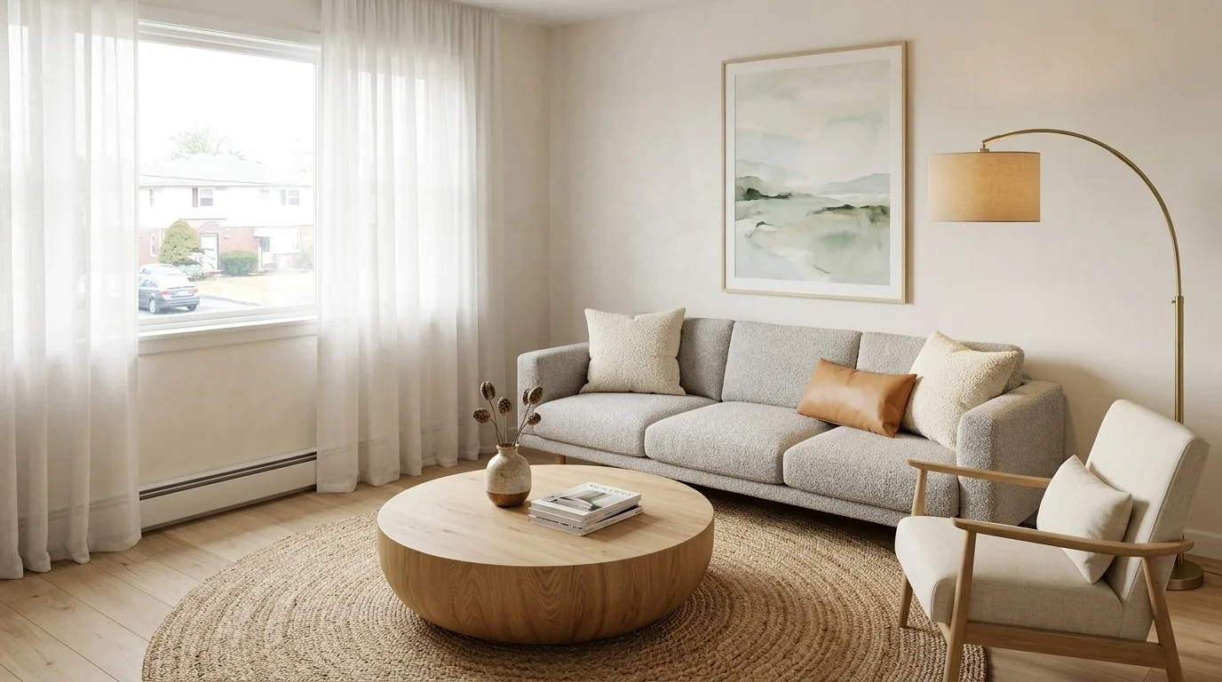 The same living room restyled in warm Scandinavian style by MeltFlex, keeping the same window position, wall layout and camera angle as the before photo