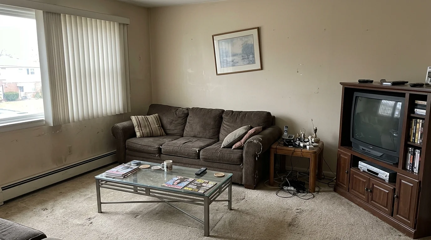 An ordinary phone photo of a dated living room with a worn brown sofa, glass coffee table and vertical blinds on the left window, used as the before image