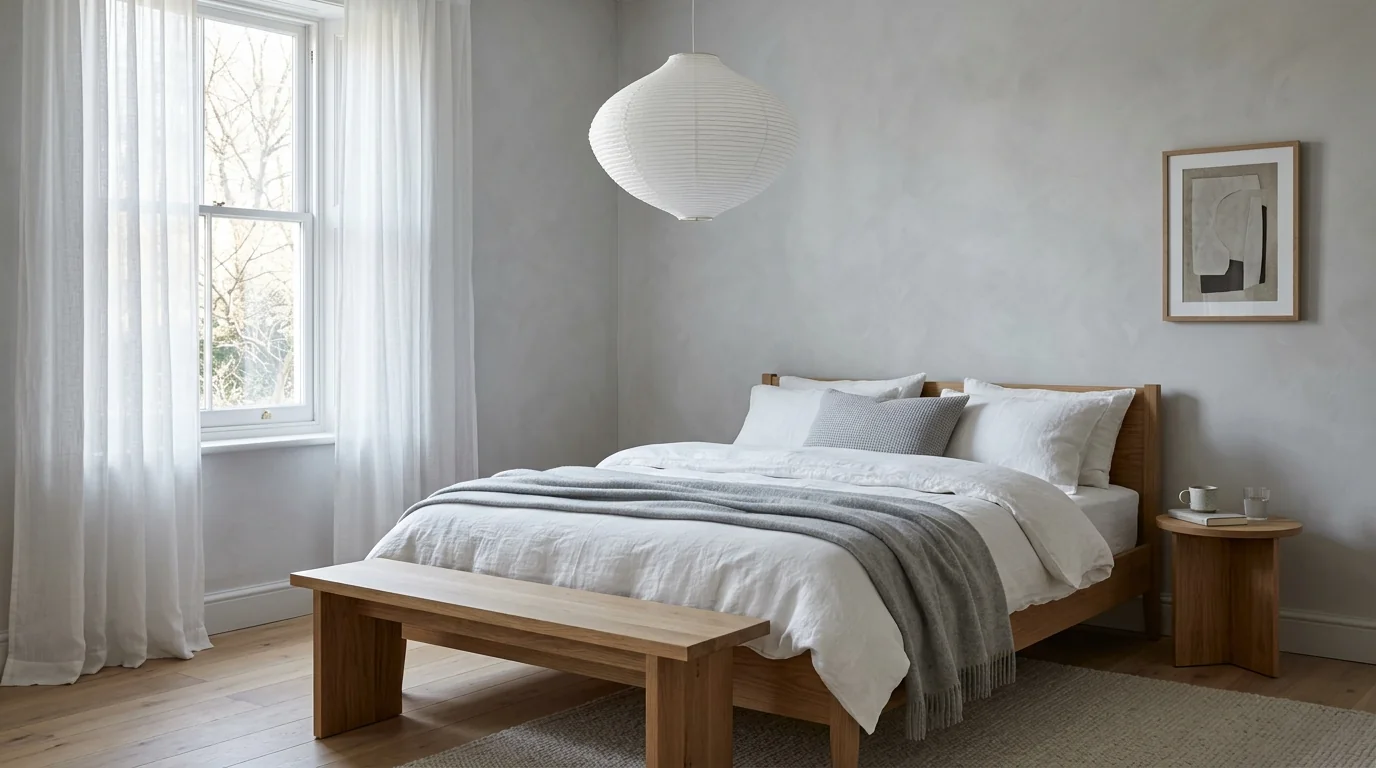 Serene Scandinavian bedroom with a low oak bed, white linen bedding, paper pendant and cool morning light through sheer curtains, the target look for prompt 13
