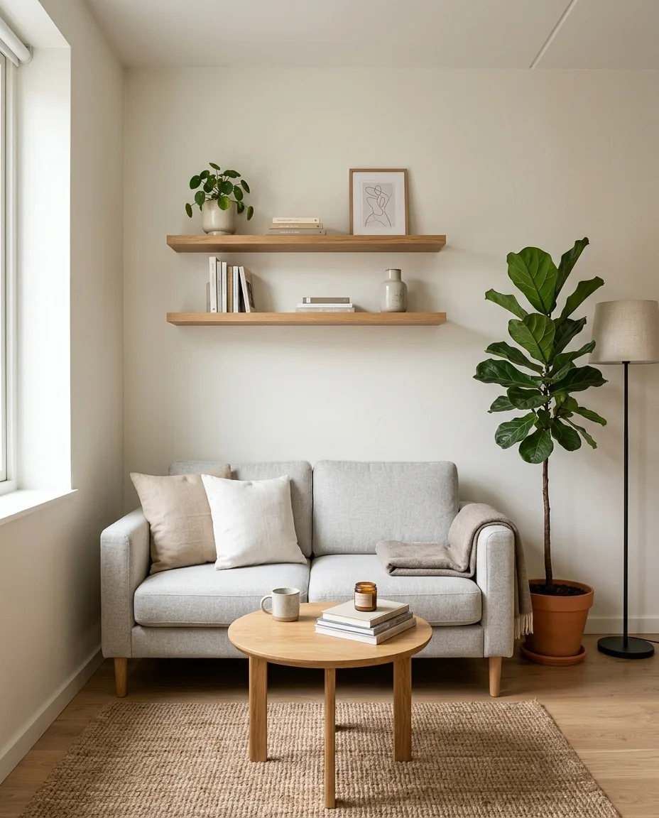 A small apartment living room shot as a tall vertical frame with a compact grey sofa, floating oak shelves and a pale palette, demonstrating the 4:5 aspect ratio
