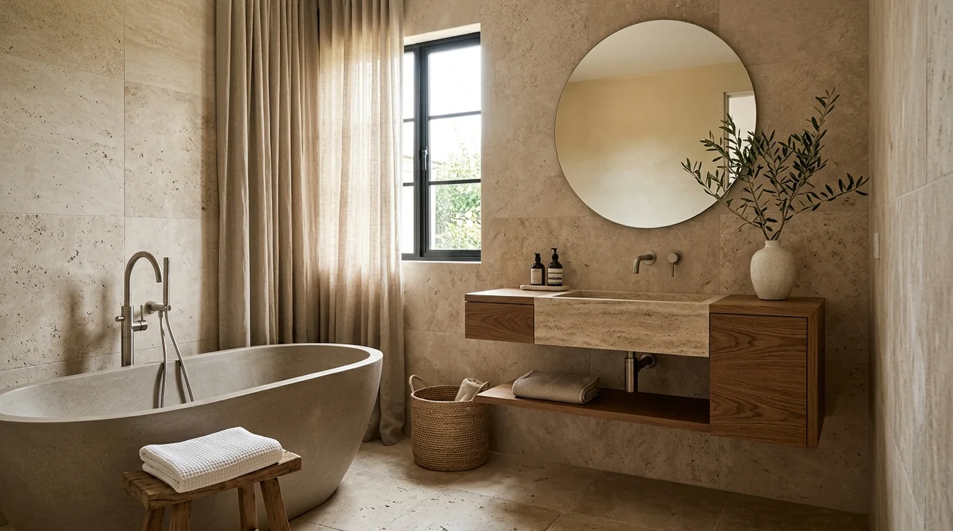 Spa like bathroom with travertine walls, a freestanding stone bath, floating oak vanity and a round frameless mirror in diffused daylight, the target look for prompt 35