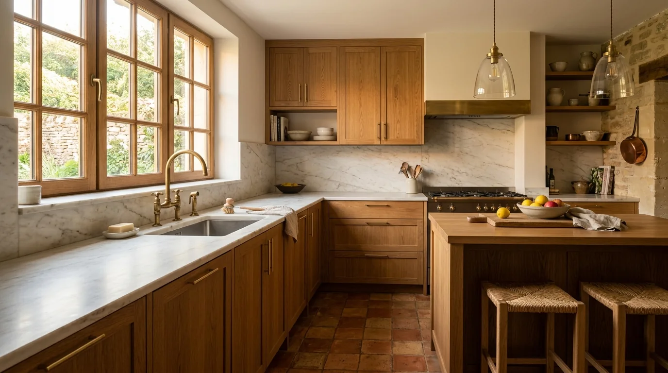 Warm European kitchen with rift sawn oak cabinets, honed marble worktop, brass tap and glass pendants in morning light, the target look for prompt 25