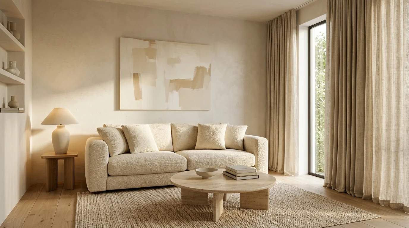 Warm minimalist living room with a boucle sofa, travertine coffee table and limewashed plaster walls in afternoon light, the target look for prompt 1