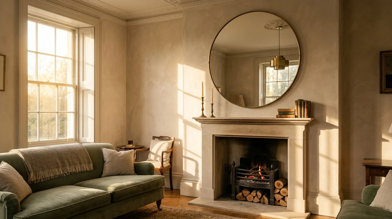 Oversized round mirror in a thin aged brass frame above a limestone fireplace mantel with candlesticks, reflecting a pendant light in a sage green living room