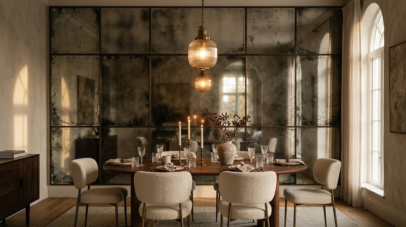 Dining room wall clad in large antiqued mirror panels with foxed smoky glass and thin bronze seams behind a walnut table with cream boucle chairs