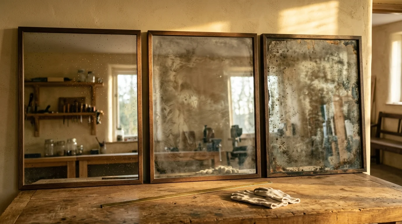 Three samples of new antiqued mirror glass with light, medium and heavy foxing propped against a plaster workshop wall in raking golden light